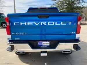 Custom chevy pickup truck blue with white side panel tailgate