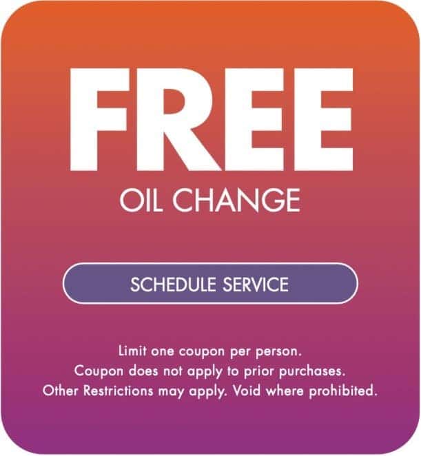 Free Oil Change. Limit one coupon per person. Coupon does not apply to prior purchases. Other restrictions may apply. Void where prohibited.