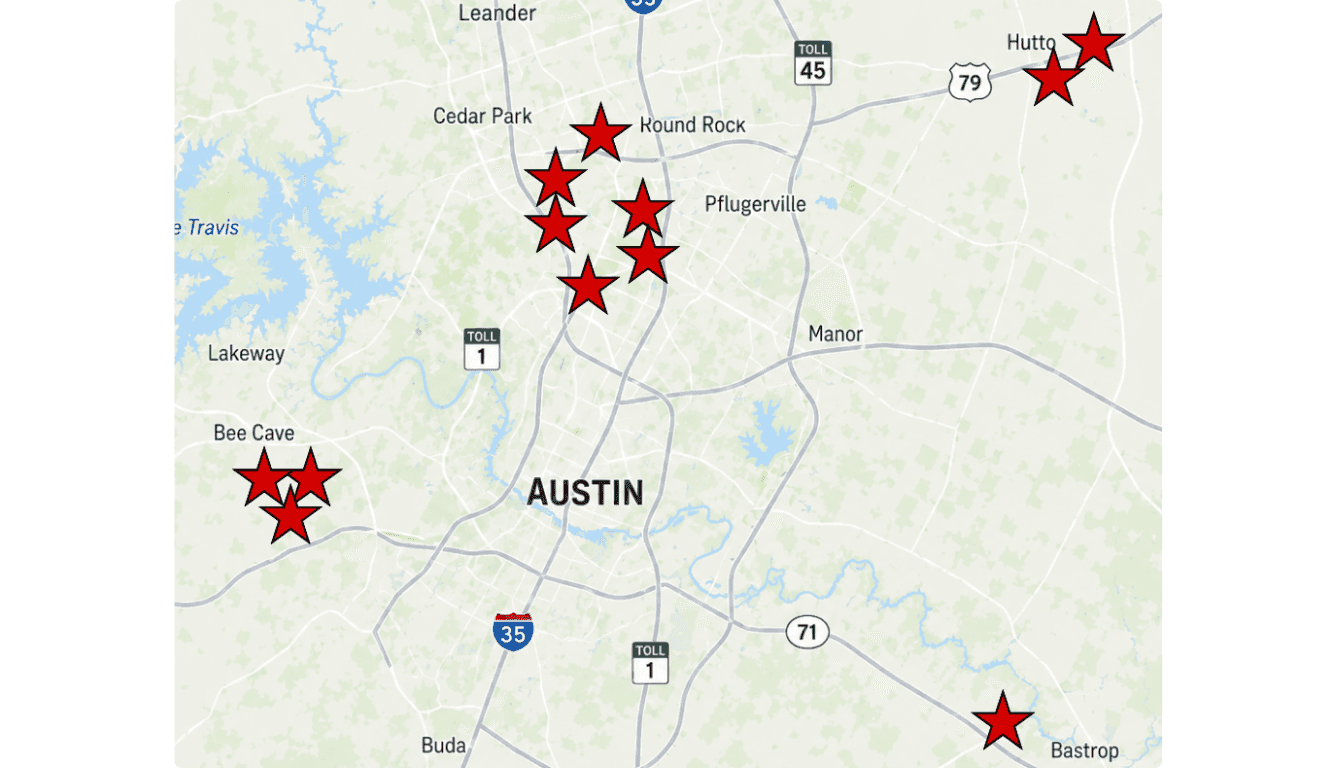 Map showing Covert Auto Group locations across Central Texas