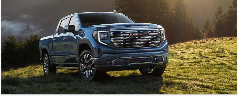 Front three-quarter view of a blue 2026 GMC Sierra 1500 Denali parked in a grassy field.