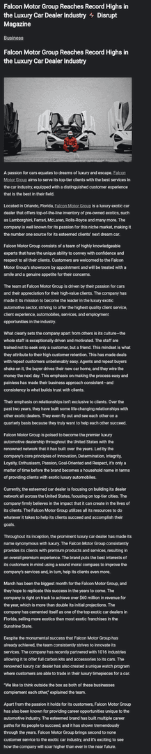 Falcon Motor Group reaches record highs in the luxury car dealer