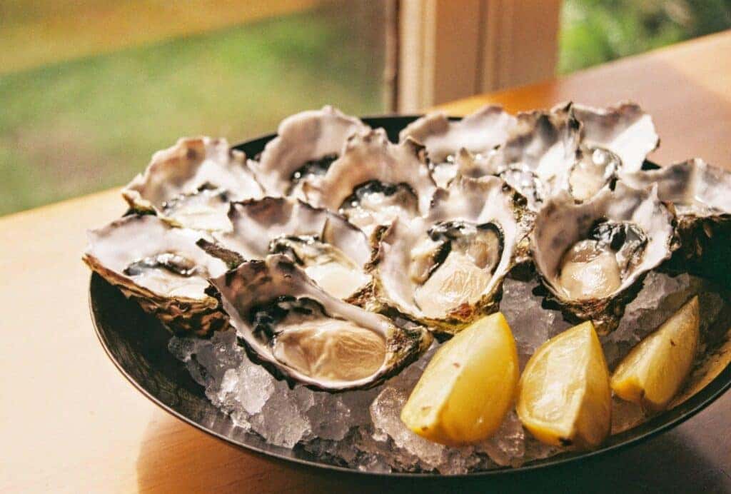A plate of oysters with lemon wedges at an oyster bar in Montgomery