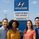 Four happy and diverse individuals stand in front of a Hyundai dealership in Auburn, AL, next to a dark gray Hyundai SUV. A large blue "Certified Pre-Owned" Hyundai sign is visible behind them against a clear blue sky, representing the brand and location. The group is smiling warmly, symbolizing satisfaction and trust in their Hyundai vehicle choice.