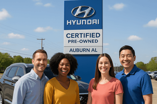 Four happy and diverse individuals stand in front of a Hyundai dealership in Auburn, AL, next to a dark gray Hyundai SUV. A large blue "Certified Pre-Owned" Hyundai sign is visible behind them against a clear blue sky, representing the brand and location. The group is smiling warmly, symbolizing satisfaction and trust in their Hyundai vehicle choice.