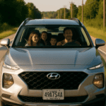 A silver Hyundai SUV drives along a rural Alabama road at golden hour, carrying a smiling family of four—father driving, mother in the passenger seat, and two laughing children in the back—framed by green trees and power lines under a clear sky.