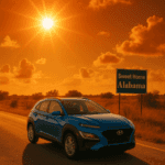A blue Hyundai SUV is parked on the side of a sunlit road in Alabama, near a green "Sweet Home Alabama" sign. The sky is bright orange with scattered clouds and a blazing sun overhead, casting a golden glow on the vehicle and the surrounding dry grass landscape.