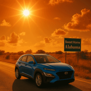 A blue Hyundai SUV is parked on the side of a sunlit road in Alabama, near a green "Sweet Home Alabama" sign. The sky is bright orange with scattered clouds and a blazing sun overhead, casting a golden glow on the vehicle and the surrounding dry grass landscape.