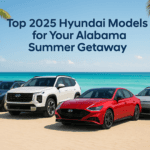 A promotional digital graphic showcases four 2025 Hyundai vehicles—the Tucson, Santa Fe, Sonata, and Kona—parked on a sandy beach with turquoise ocean water and a clear blue sky in the background. Palm tree leaves frame the top corners, and bold text reads, "Top 2025 Hyundai Models for Your Alabama Summer Getaway.