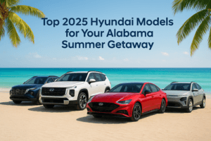 A promotional digital graphic showcases four 2025 Hyundai vehicles—the Tucson, Santa Fe, Sonata, and Kona—parked on a sandy beach with turquoise ocean water and a clear blue sky in the background. Palm tree leaves frame the top corners, and bold text reads, "Top 2025 Hyundai Models for Your Alabama Summer Getaway.