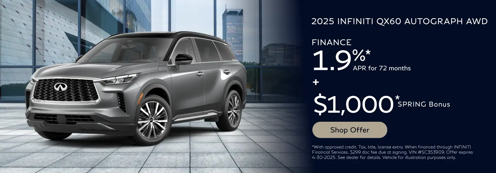 2025 INFINITI QX60 AUTOGRAPH AWD - 1.9% APR for 72 months + $1,000 Spring Bonus*