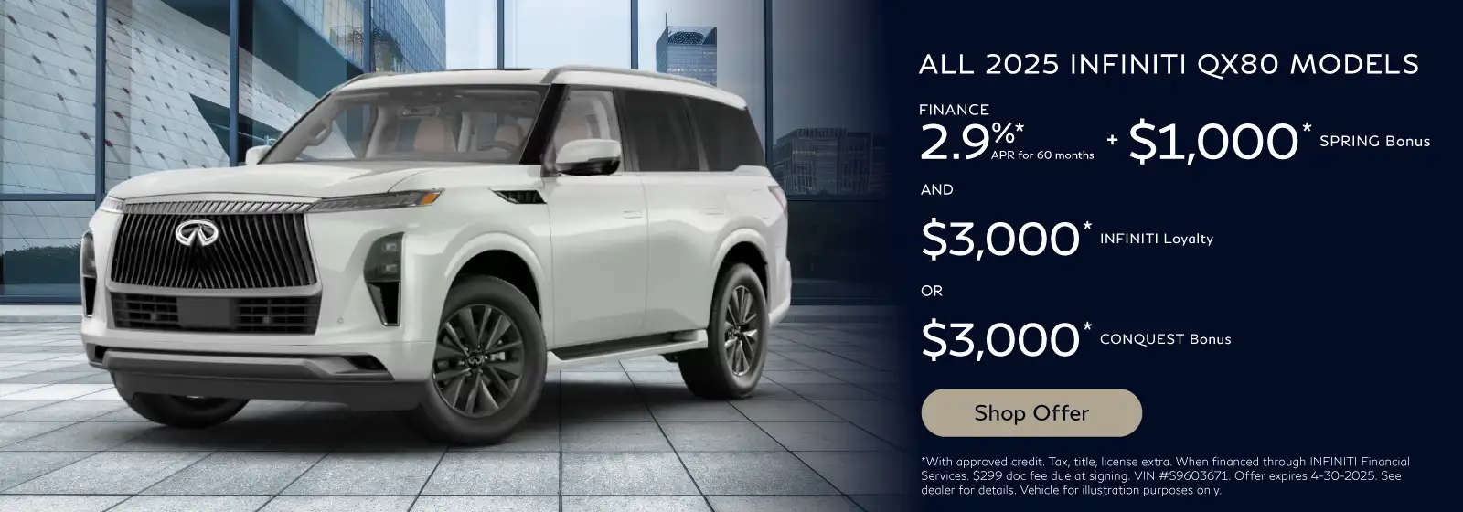 All New 2025 INFINITI QX80 MODELS - 2.9% APR for 60 months + $1,000 Spring Bonus & $3,000 INFINITI Loyalty or $3,000 Conquest*