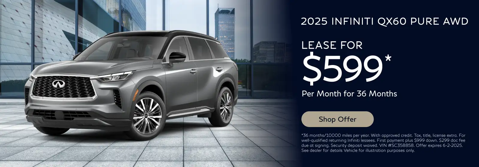 2025 INFINITI QX60 PURE AWD #IN250202 - Lease for $599/month, 36 months/10000 miles per year*