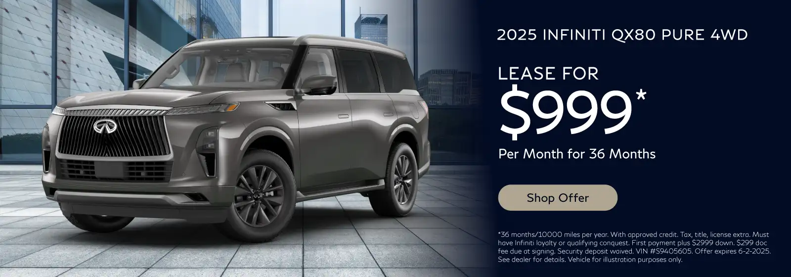2025 INFINITI QX80 PURE 4WD #IN250154 - Lease for $999/month, 36 months/10000 miles per year*