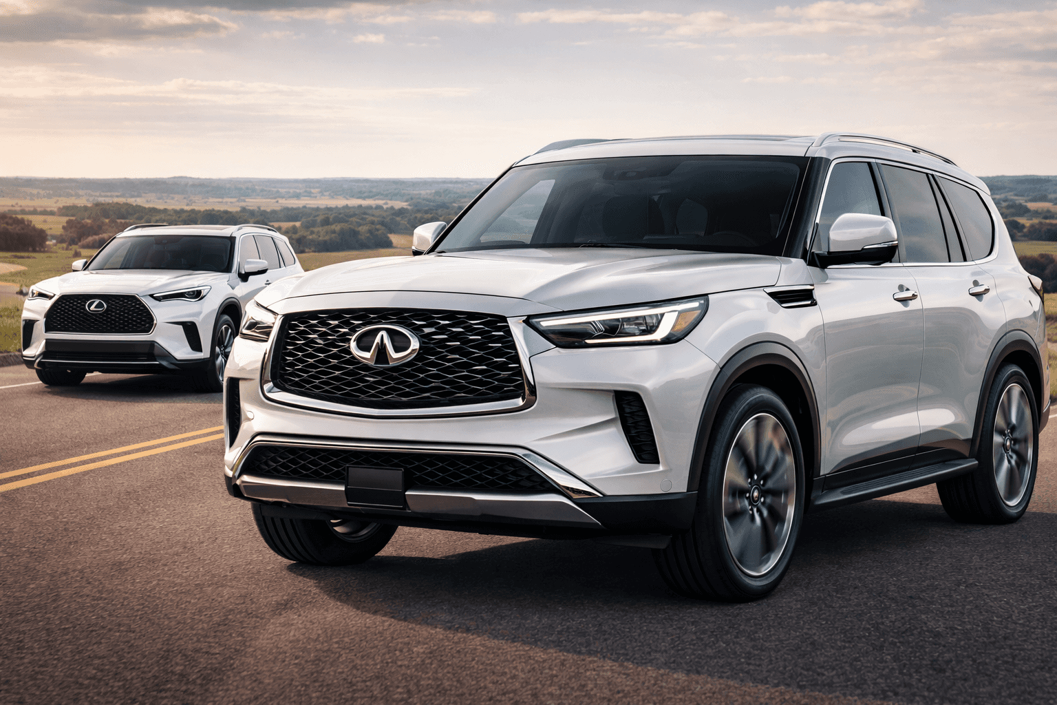 2026 INFINITI QX80 in the foreground driving on a scenic road, with a 2026 Lexus TX positioned in the background, highlighting a side-by-side luxury SUV comparison.