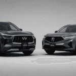 2026 INFINITI QX60 vs. Acura MDX luxury SUV comparison image with both vehicles angled toward each other on a neutral background.