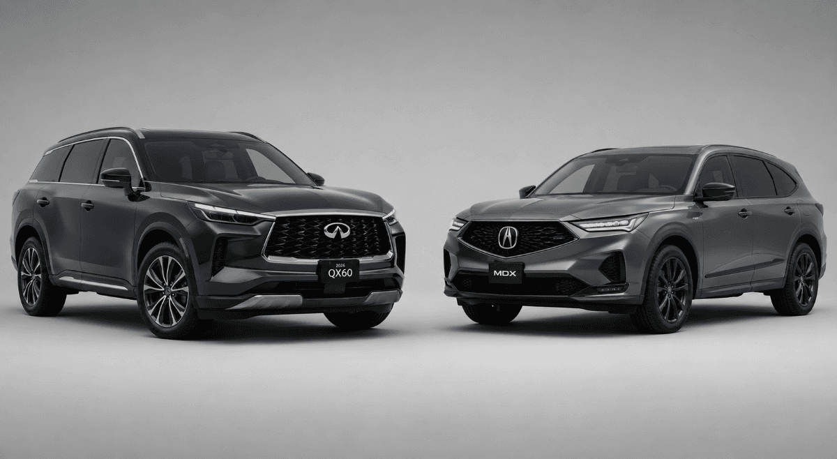 2026 INFINITI QX60 vs. Acura MDX luxury SUV comparison image with both vehicles angled toward each other on a neutral background.