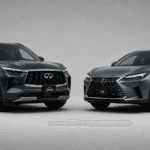 2026 INFINITI QX60 vs. Lexus RX luxury SUV comparison with both vehicles angled toward each other on a neutral gray studio background.