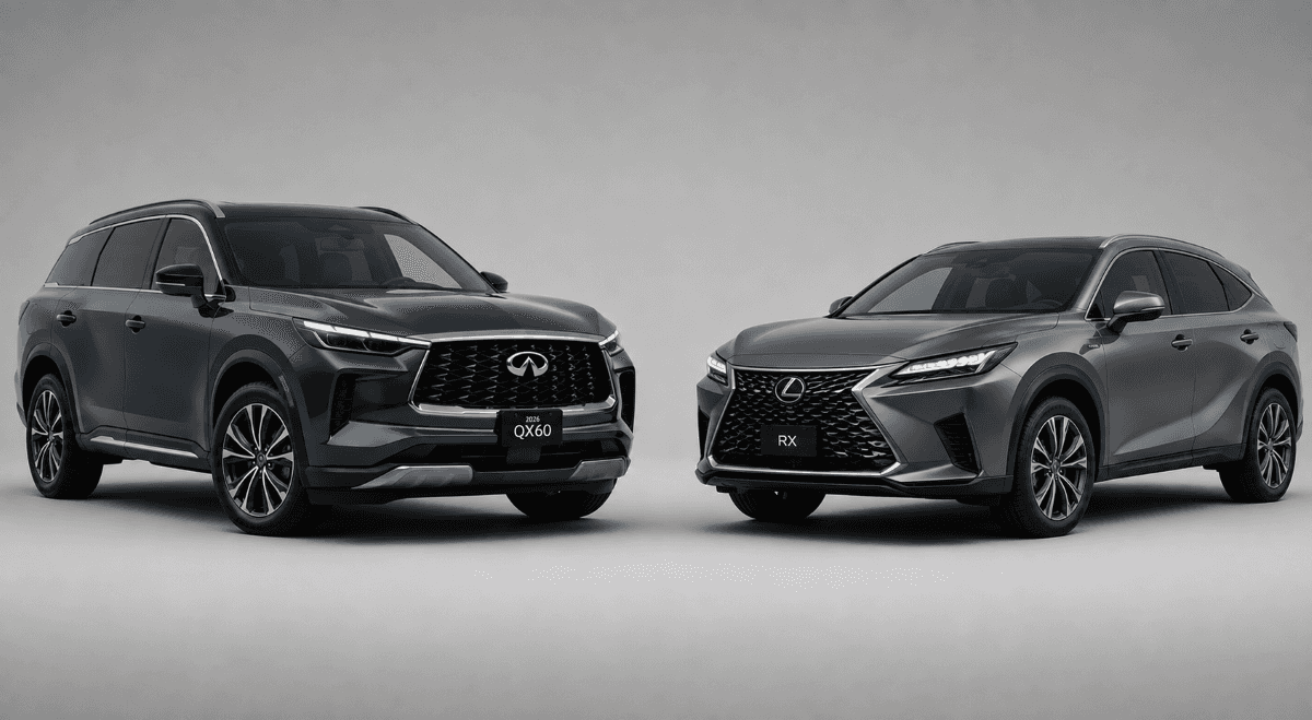 2026 INFINITI QX60 vs. Lexus RX luxury SUV comparison with both vehicles angled toward each other on a neutral gray studio background.
