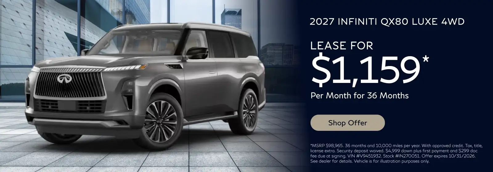 2027 INFINITI QX80 Luxe 4WD IN270051 - Lease for $1,159 for 36 months and 10,000 miles per year*
