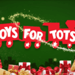 toys for tots train logo above wrapped presents