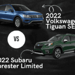 2022 Volkswagen tiguan in blue vs the 2022 Subaru Forester in green