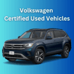 blue Volkswagen certified used Atlas in front of a lighter blue background