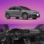 Volkswagen Golf GTI exterior and interior with purple background