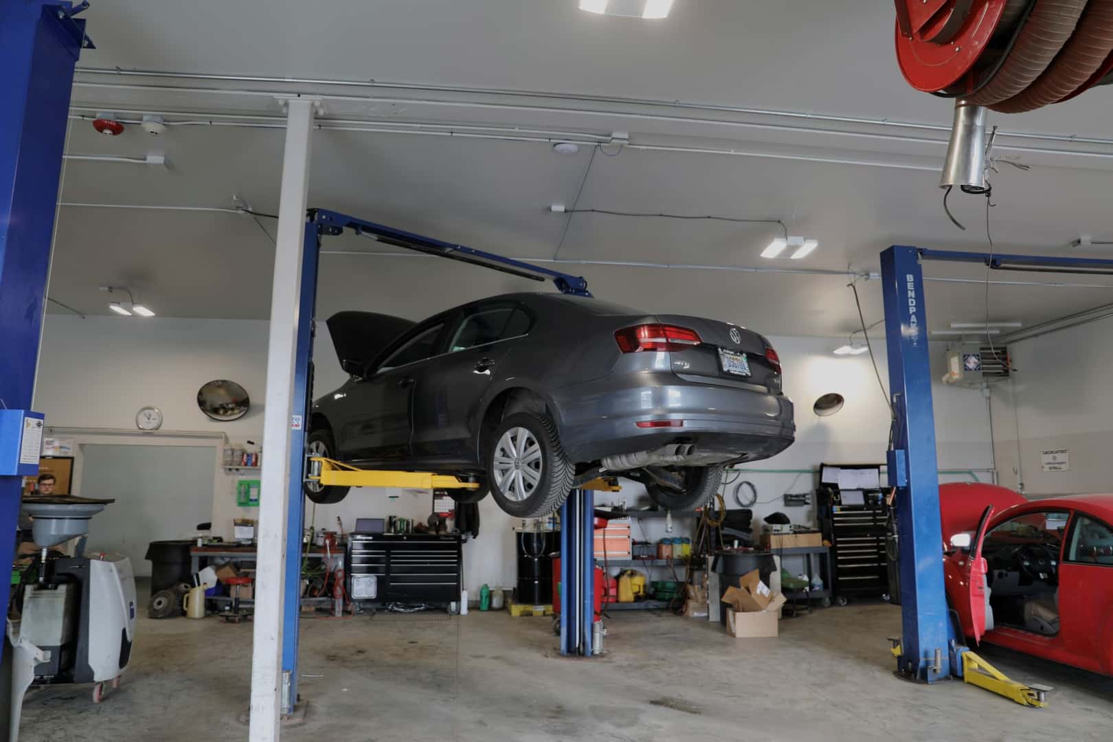 A Volkswagen getting maintenance in the Kailspell Volkswagen shop
