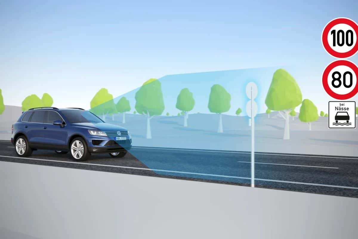 Artistic rendition of Volkswagen's Dynamic Road Sign Display technology