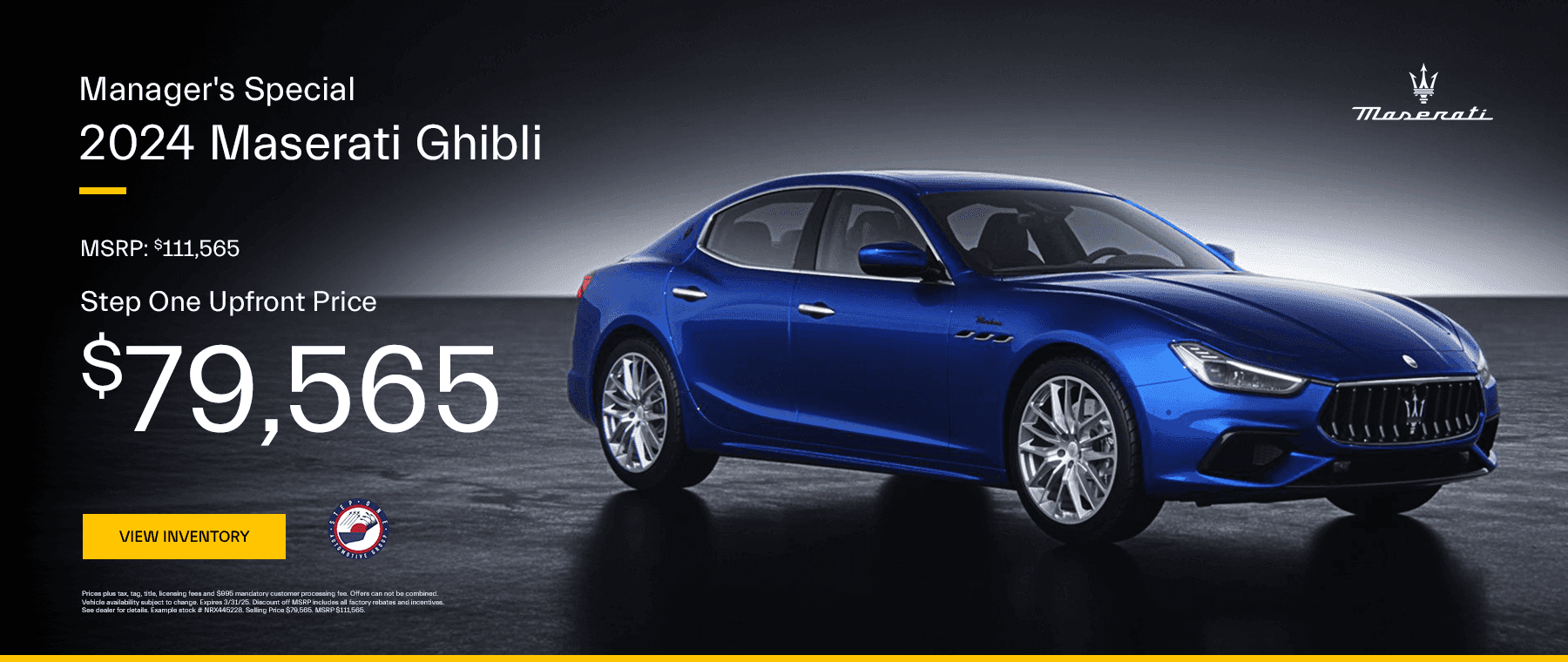 You can buy a New 2024 Maserati Ghibli for $79,565 at Step One Maserati Pensacola in Pensacola, FL. Select the image to view matching inventory.