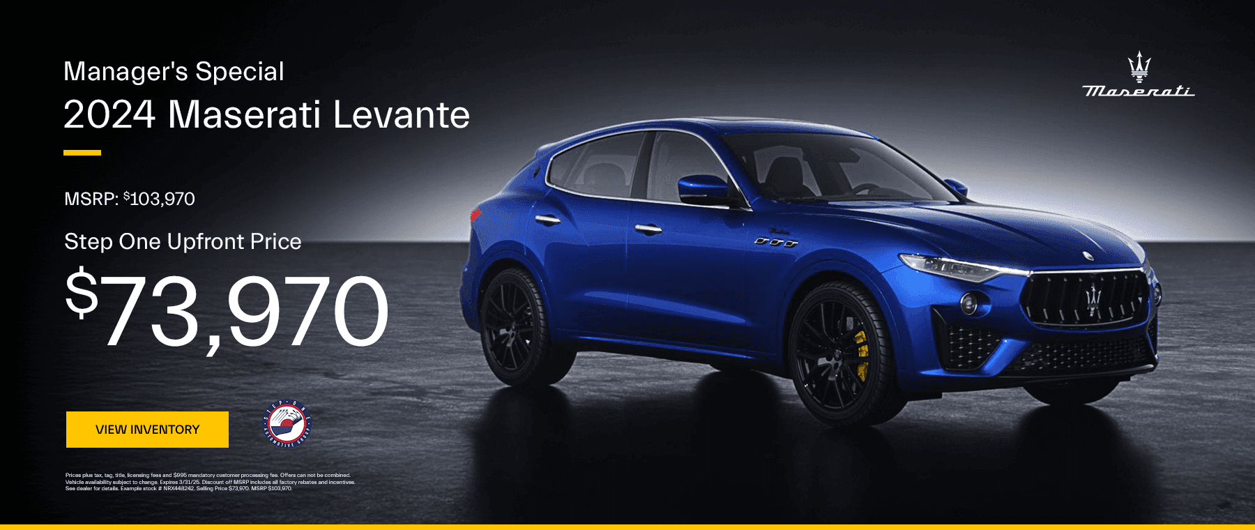 You can buy a New 2024 Maserati Levante for $73,970 at Step One Maserati Pensacola in Pensacola, FL. Select the image to view matching inventory.