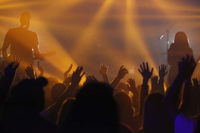 People raising hands on concert