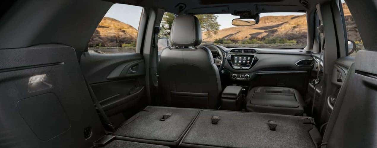 The black interior of a 2023 Chevy Trailblazer is shown.