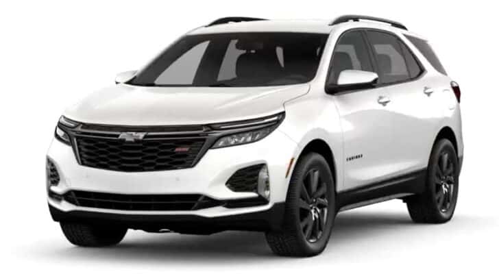 A white 2023 Chevy Equinox RS is shown angled left.