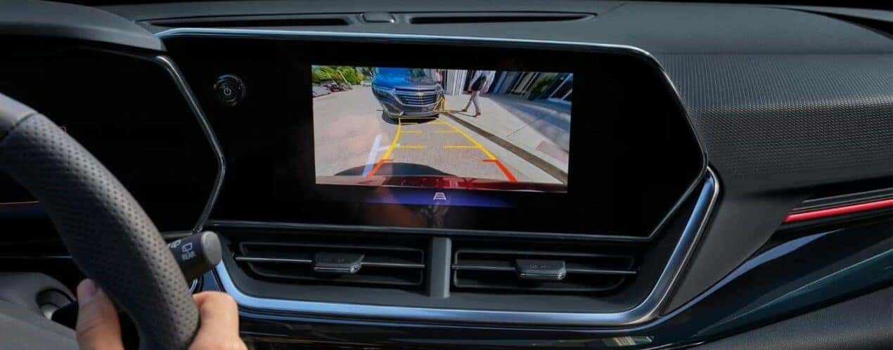 A close up shows the back-up camera view in a 2024 Chevy Trax.