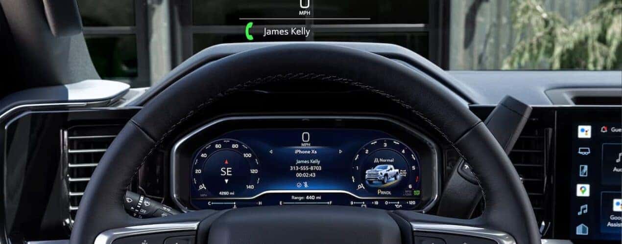 A close up of the digital cluster in a 2024 Chevy Silverado 2500 HD is shown.