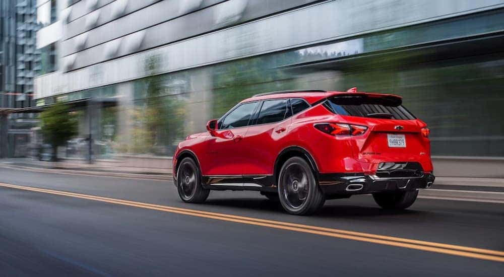 A red 2020 Chevy Blazer RS is shown from the rear at an angle after leaving a used Chevy dealer near Hopkinsville.