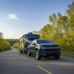 Blue Chevrolet Silverado towing a GEVLRT RV on a country road.