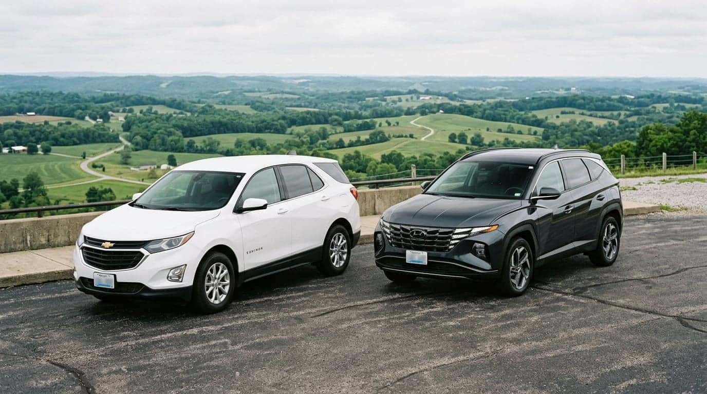 A realistic photograph of two modern compact crossover SUVs parked side by side on a paved overlook, one a white Chevrolet Equinox and one a dark grey Hyundai Tucson, three-quarter front angle showing both vehicles clearly, rolling green Kentucky countryside and an overcast sky in the background, even natural daylight. No text, no logos other than natural vehicle badging, no identifiable faces. (Representative image for illustration purposes only. Actual vehicle may vary based on trim and configuration.)