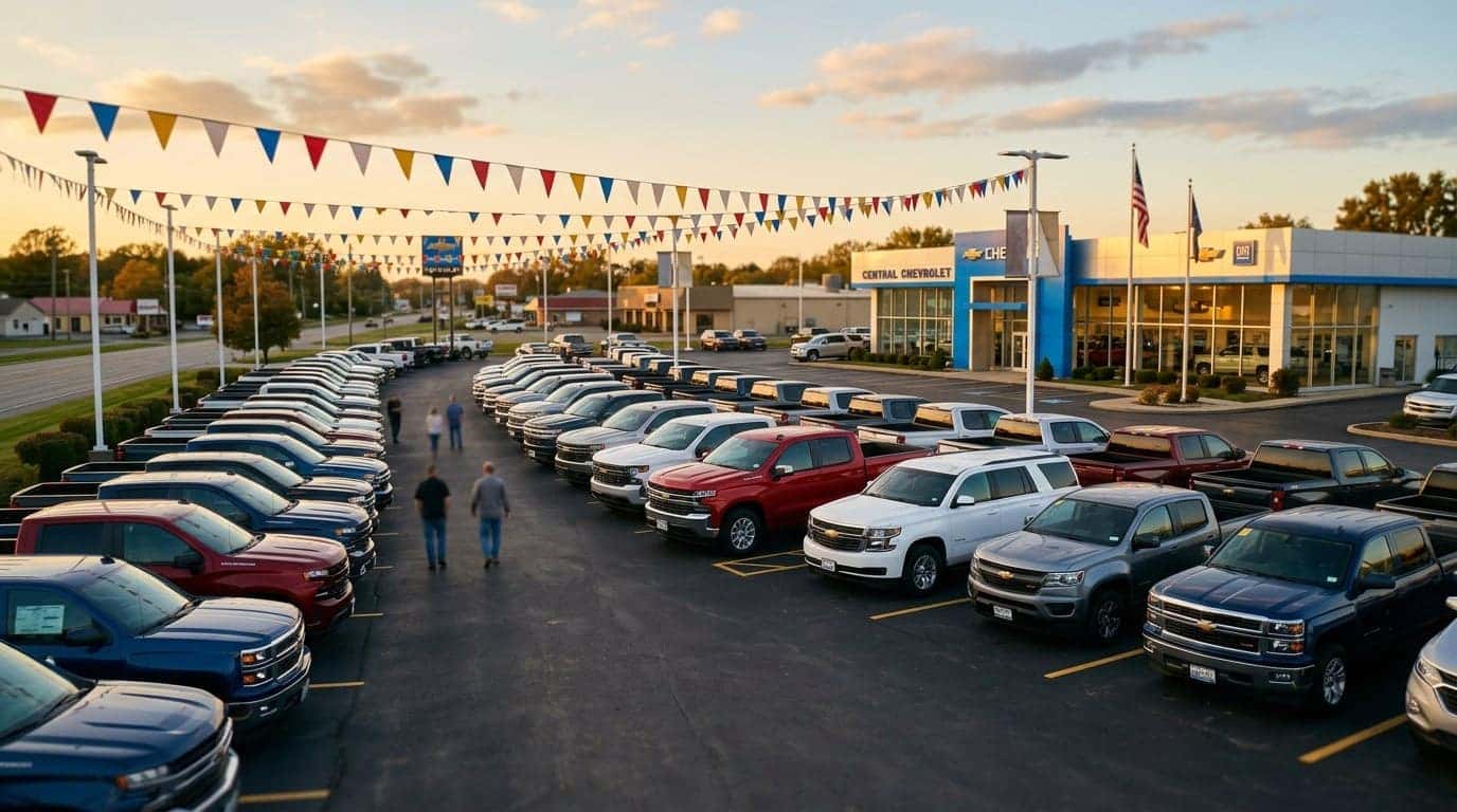 A realistic wide photograph of a Chevrolet dealership lot at golden hour in a small Kentucky town, rows of new Chevrolet pickup trucks and SUVs parked in neat lines with clearance-season pennant flags strung overhead, a sales building with glass showroom windows in the background, warm late-afternoon light, shallow depth of field. No text, no logos other than natural vehicle badging, no identifiable faces. (Representative image for illustration purposes only. Actual vehicle may vary based on trim and configuration.)
