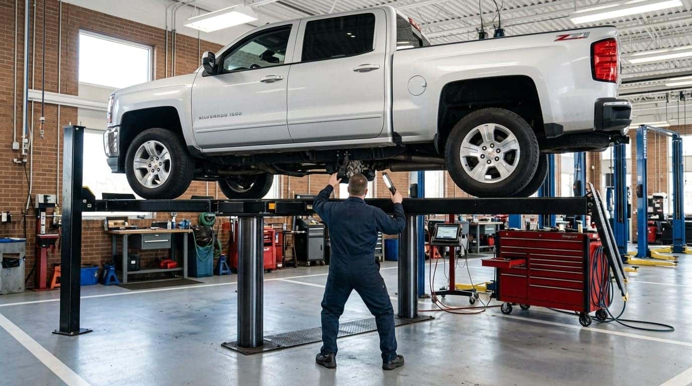 A realistic photograph inside a clean, well-lit automotive service bay, a modern silver full-size Chevrolet pickup truck raised on a hydraulic lift, a technician in plain work coveralls seen from behind inspecting the four-wheel-drive transfer case and driveshaft underneath, tools and diagnostic equipment nearby, bright overhead shop lighting. No text, no logos other than natural vehicle badging, no identifiable faces. (Representative image for illustration purposes only. Actual vehicle may vary based on trim and configuration.)