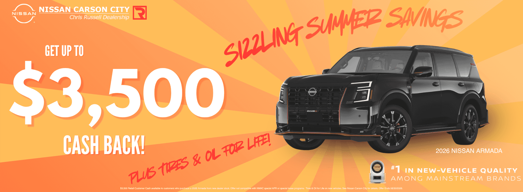A Nissan Armada on an orange background with an offer for 3500 cash back