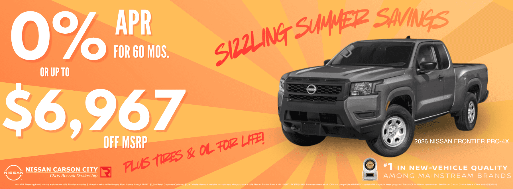 A grey Nissan Frontier on an orange background with an offer for 0% APR or $6,967 off MSRP