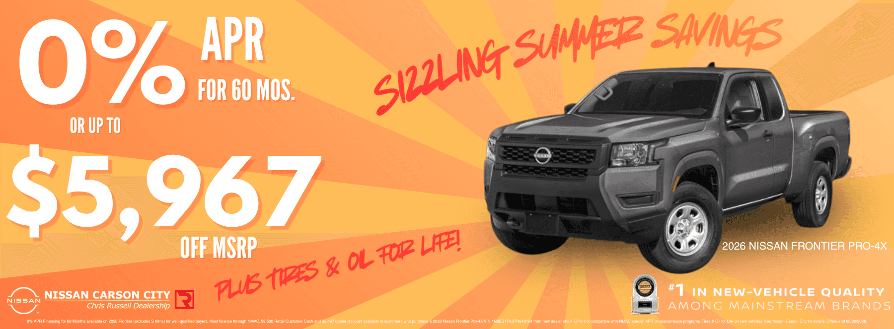 A grey Nissan Frontier on an orange background with an offer for 0% APR or $5,967 off MSRP