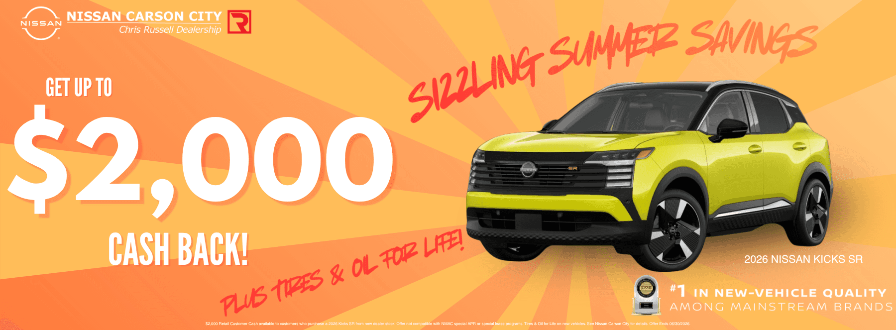 A neon yellow Nissan Kicks on an orange background advertising 2,000 cash back