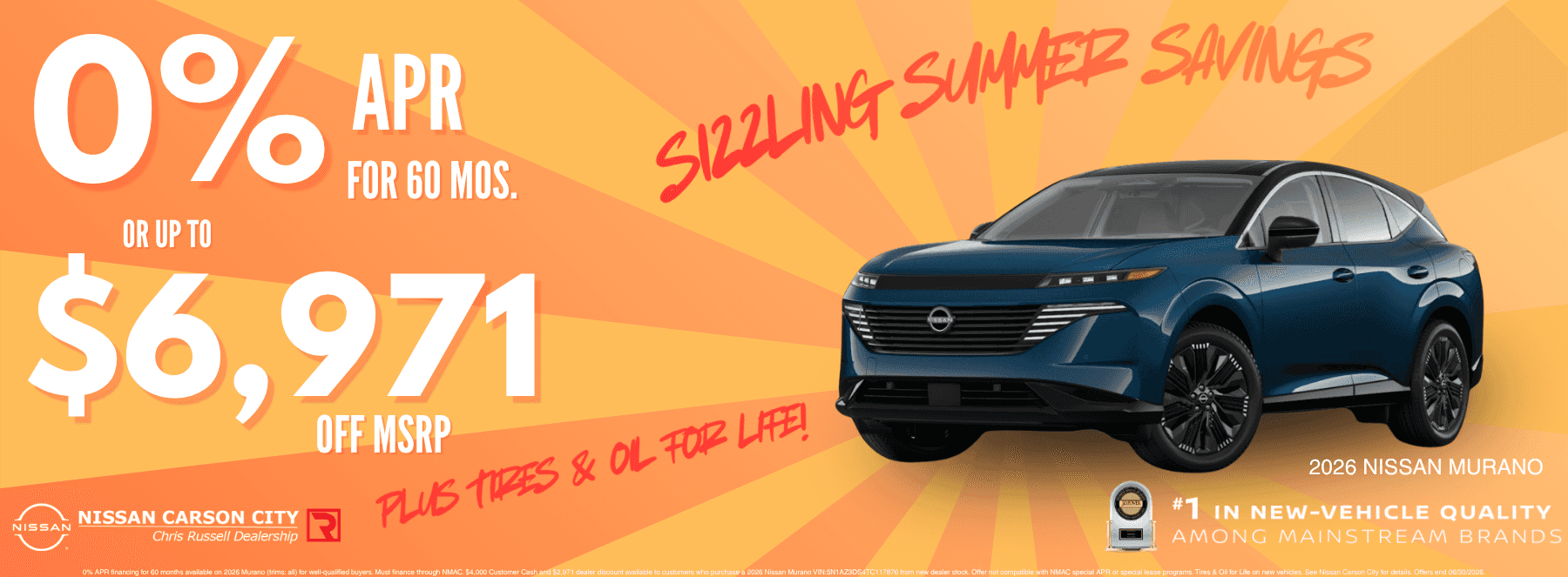 a blue Nissan Murano on an orange background with an offer for 0% APR or $6,971 off MSRP