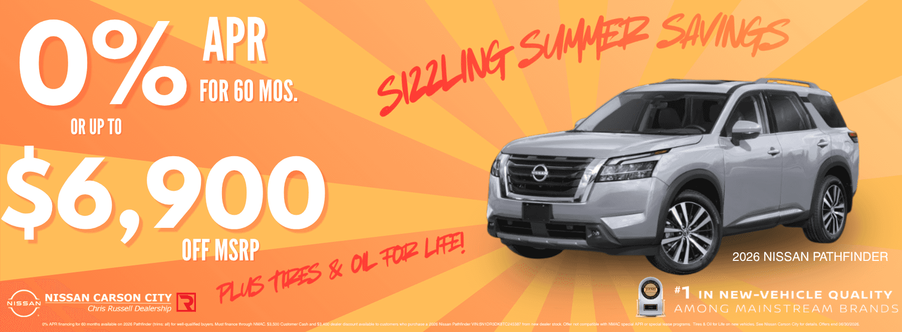 a grey Nissan Pathfinder on an orange background with an offer for 0% APR or $6,900 off MSRP