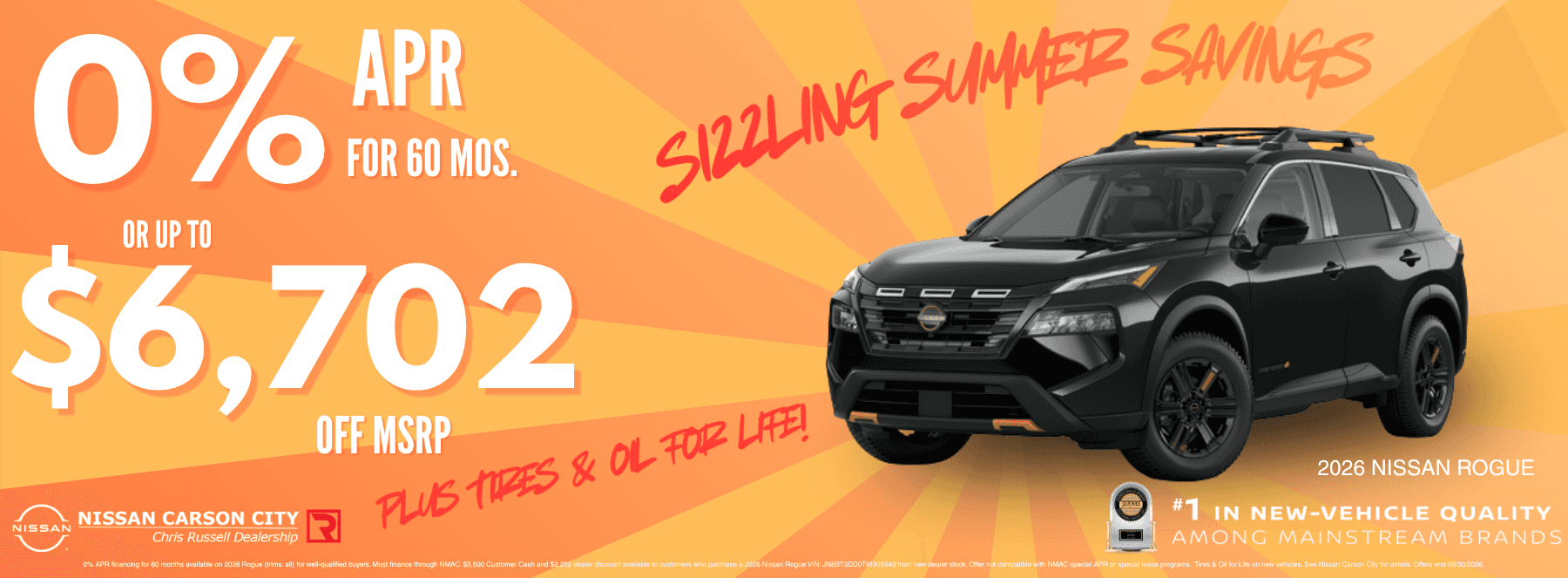 A Nissan Rogue on an orange background advertising 0% APR or $6,702 off MSRP