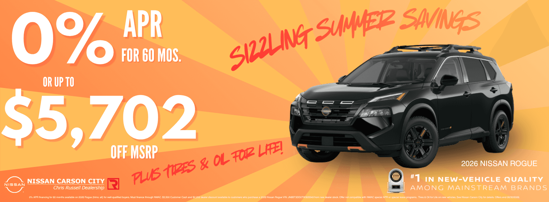 A Nissan Rogue on an orange background advertising 0% APR or $5,702 off MSRP