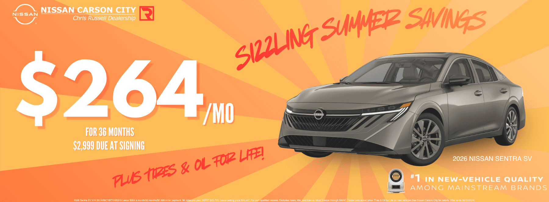 A tan Nissan Sentra on an orange background with a lease offer for $264 a month